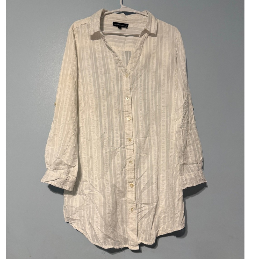 Club Z Collection Women's L White Cotton Striped Roll Tab Sleeve Tunic 0995